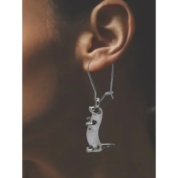 Silvertone Otters on Stainless Steel drop dangle Earrings - Picture 4 of 5